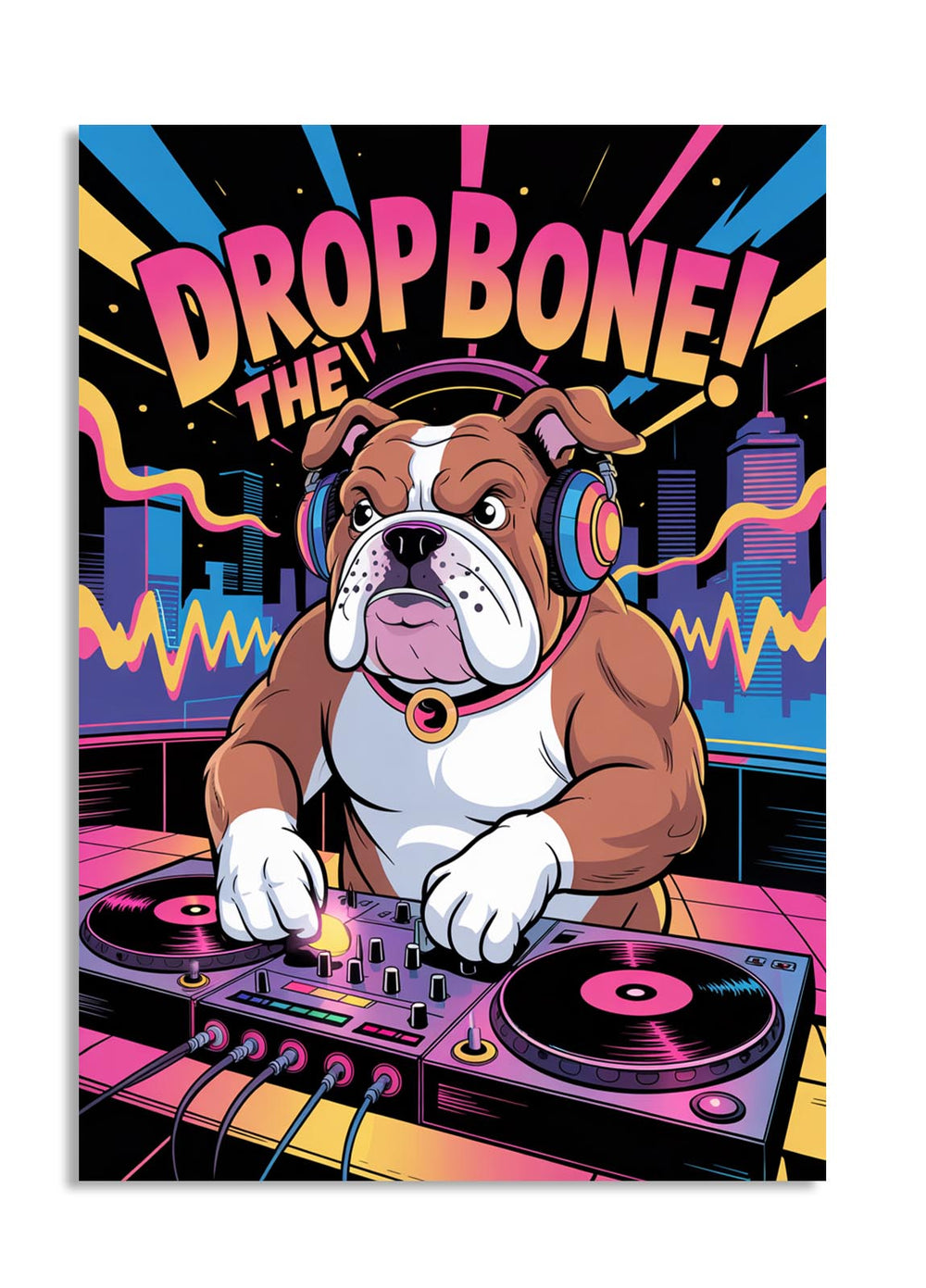 Cartoon bulldog DJing with 'Drop Bone The' text and colorful background, as a premium aluminum metal print from GoMetalPrint.

