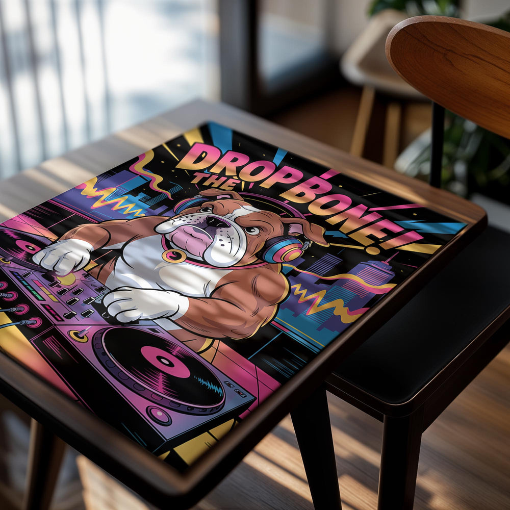 Cartoon bulldog DJing with 'Drop Bone The' text and colorful background, as a premium aluminum metal print from GoMetalPrint.
