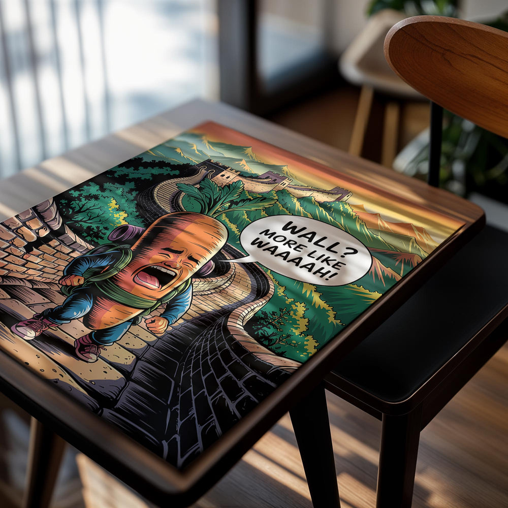 Cartoon carrot character on the Great Wall of China with a speech bubble saying 'Wall? More like WAAAAAH!', as a premium aluminum metal print from GoMetalPrint.
