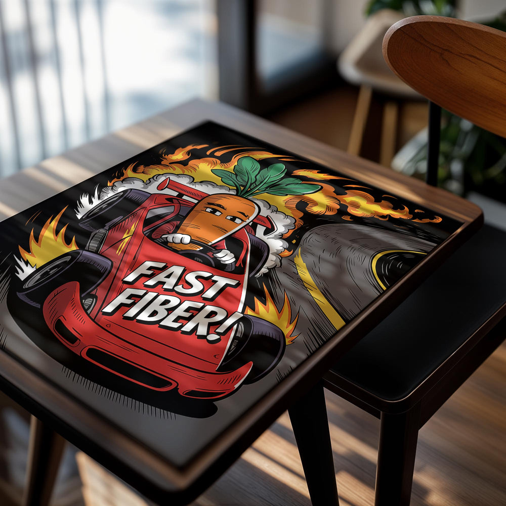 Carrot character driving a race car with 'Fast Fiber!' text on a black background, as a premium aluminum metal print from GoMetalPrint.
