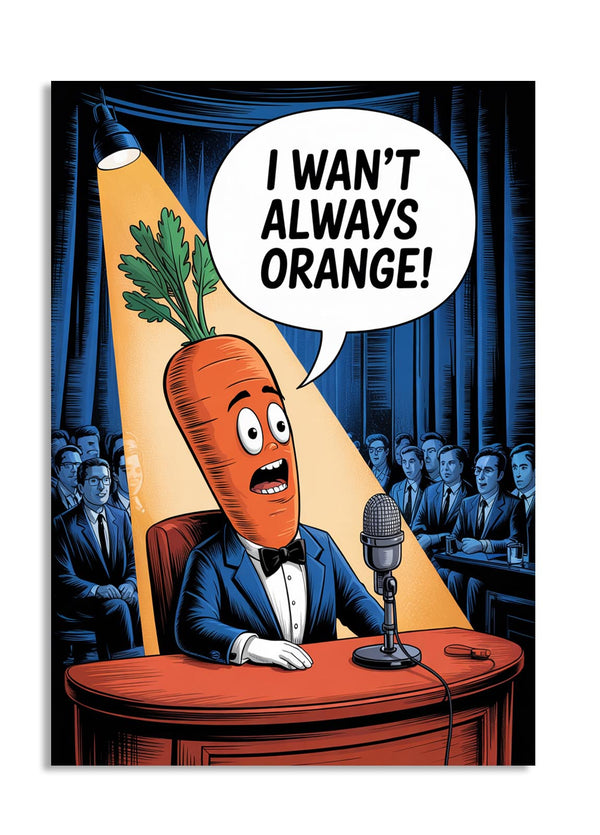 Cartoon carrot character in a suit with a microphone, speaking 'I WAN'T ALWAYS ORANGE!' in a courtroom setting, as a premium aluminum metal print from GoMetalPrint.
