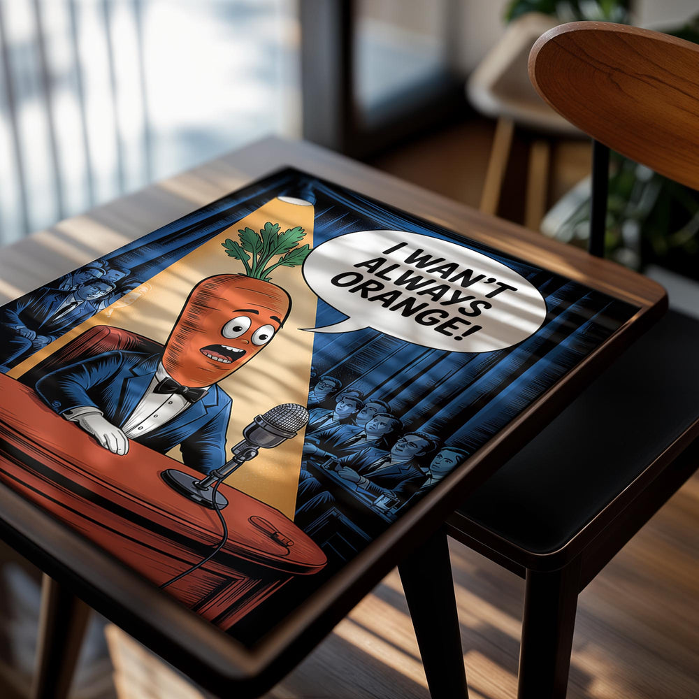 Cartoon carrot character in a suit with a microphone, speaking 'I WAN'T ALWAYS ORANGE!' in a courtroom setting, as a premium aluminum metal print from GoMetalPrint.
