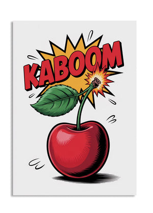 Illustration of a cherry with a kaboom explosion above it on a white background , as a premium aluminum metal print from GoMetalPrint.
