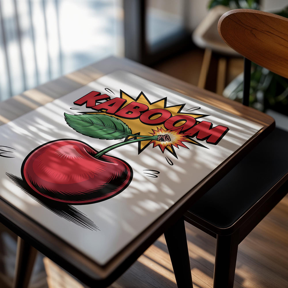 Illustration of a cherry with a kaboom explosion above it on a white background , as a premium aluminum metal print from GoMetalPrint.
