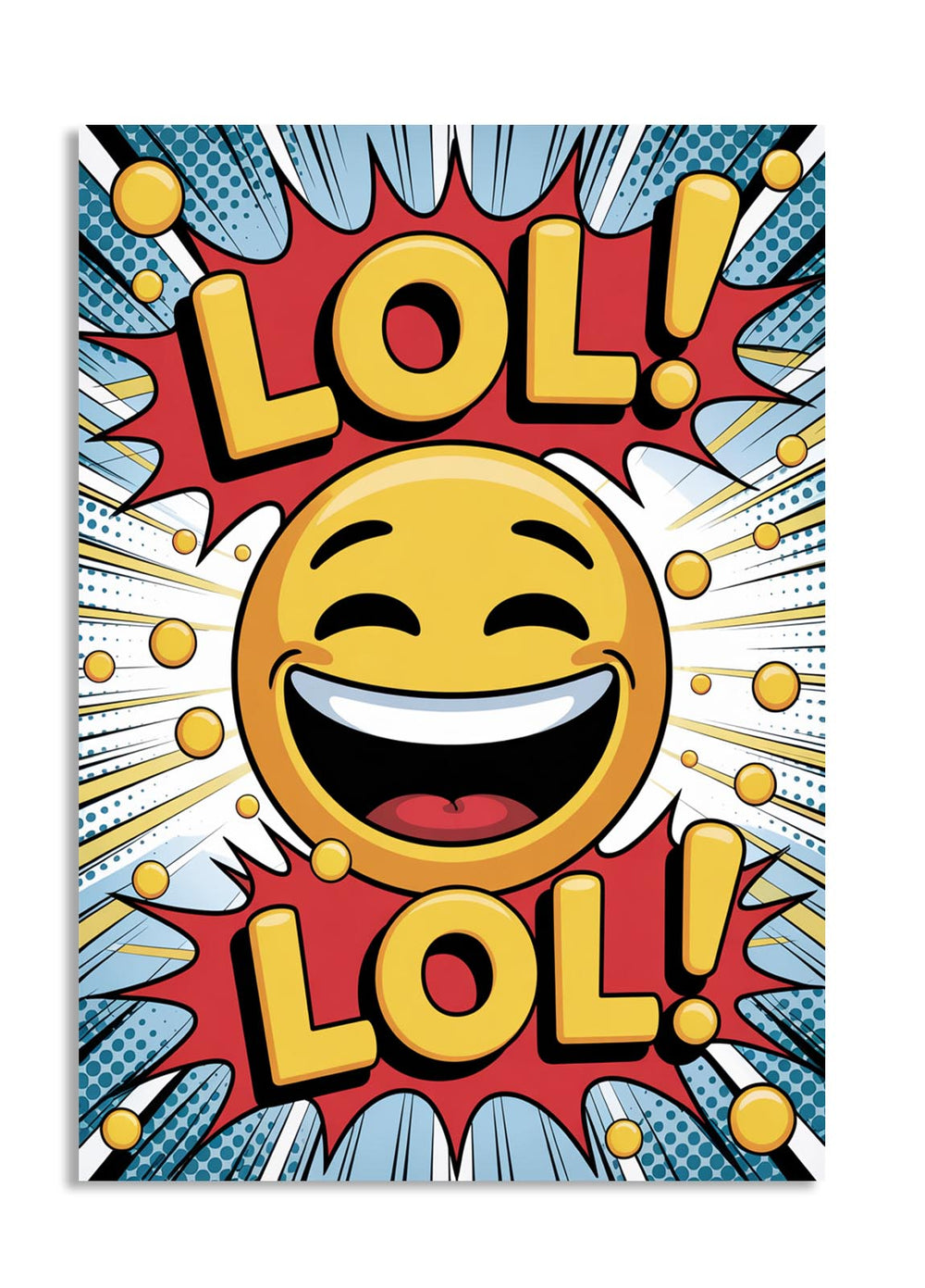 Comic-style poster with a laughing emoji and 'LOL!' text, as a premium aluminum metal print from GoMetalPrint.
