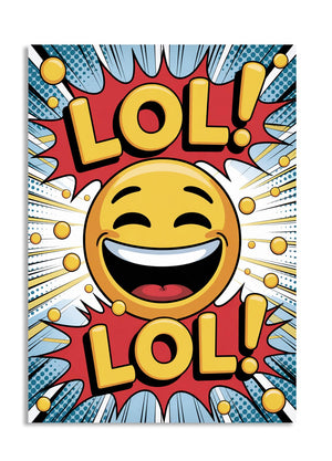 Comic-style poster with a laughing emoji and 'LOL!' text, as a premium aluminum metal print from GoMetalPrint.
