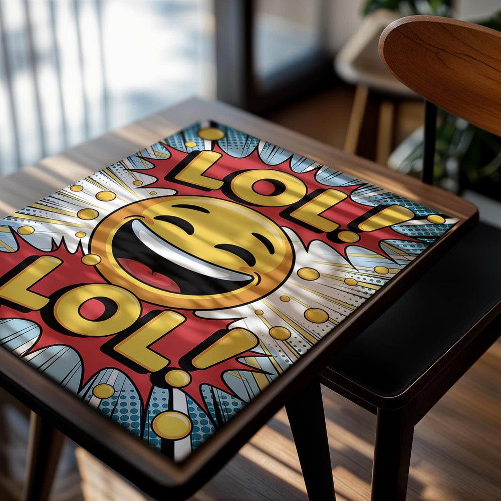 Comic-style poster with a laughing emoji and 'LOL!' text, as a premium aluminum metal print from GoMetalPrint.
