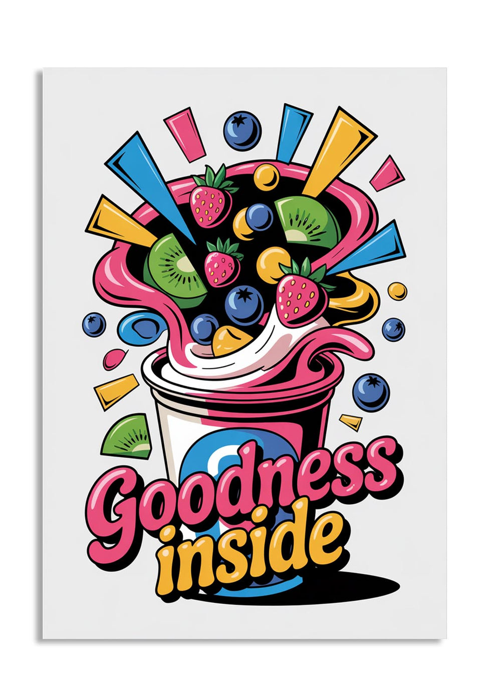 Colorful illustration of a ice cream cone with fruit and 'Goodness inside' text on a white background, as a premium aluminum metal print from GoMetalPrint.
