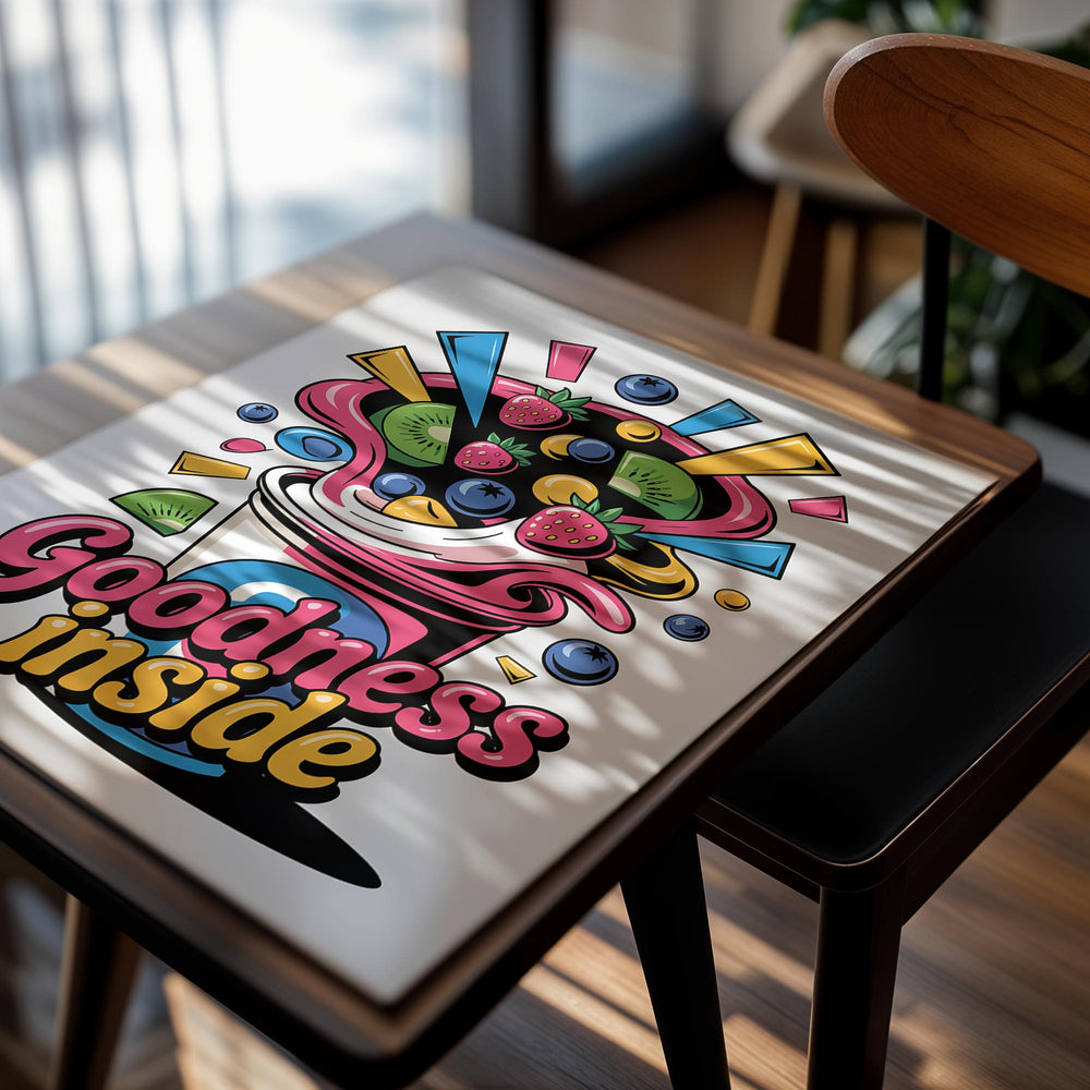 Colorful illustration of a ice cream cone with fruit and 'Goodness inside' text on a white background, as a premium aluminum metal print from GoMetalPrint.
