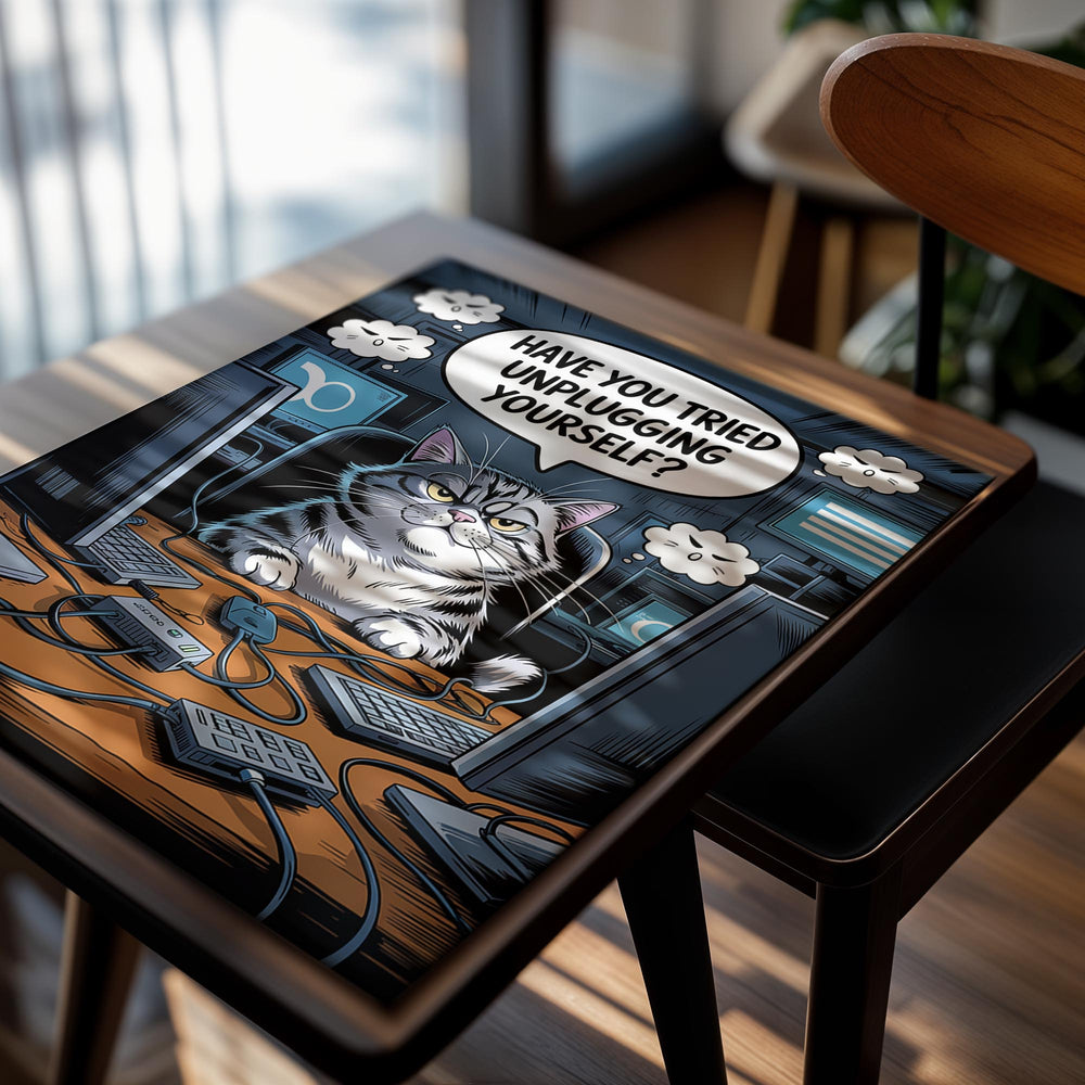 Cartoon cat in a computer setup with text 'Have you tried unplugging yourself?', as a premium aluminum metal print from GoMetalPrint.
