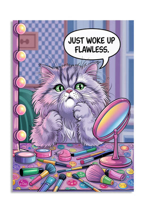 Cartoon cat with makeup on a colorful background with text 'Just woke up flawless.', as a premium aluminum metal print from GoMetalPrint.
