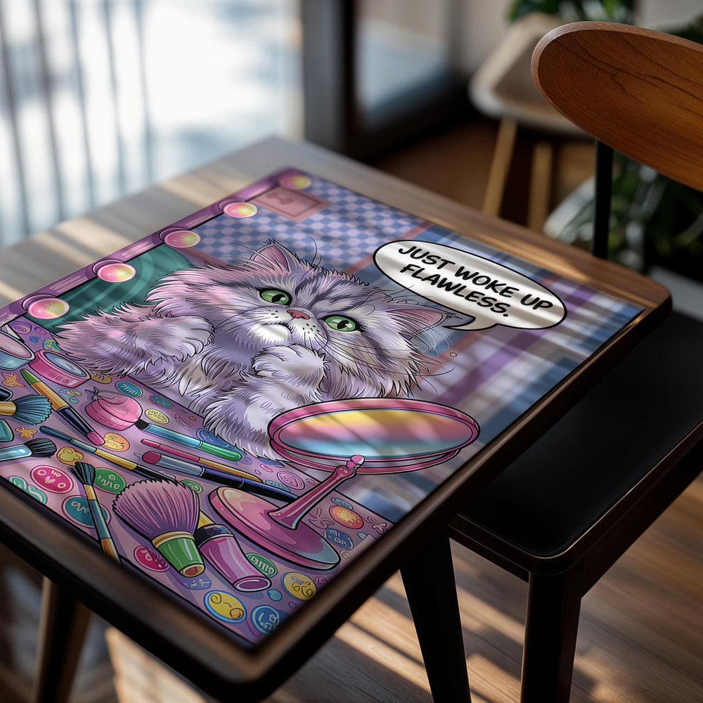 Cartoon cat with makeup on a colorful background with text 'Just woke up flawless.', as a premium aluminum metal print from GoMetalPrint.
