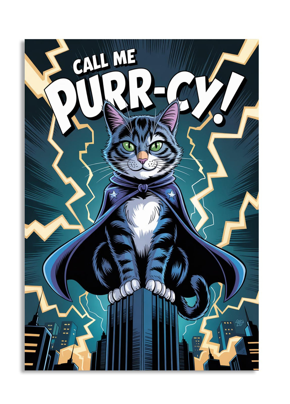 Cat in a cape with 'Call Me Purr-ly!' text on a dark background, as a premium aluminum metal print from GoMetalPrint.
