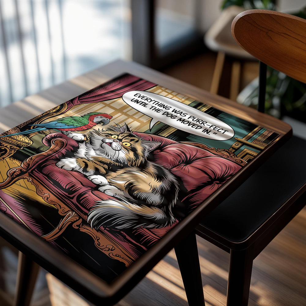 Cartoon cat and parrot on a couch with a speech bubble saying 'Everything was purr-fect until the dog moved in', as a premium aluminum metal print from GoMetalPrint.
