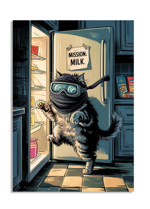 Cartoon cat wearing goggles and a mask, reaching into an open refrigerator with 'Mission: Milk' sign, as a premium aluminum metal print from GoMetalPrint.
