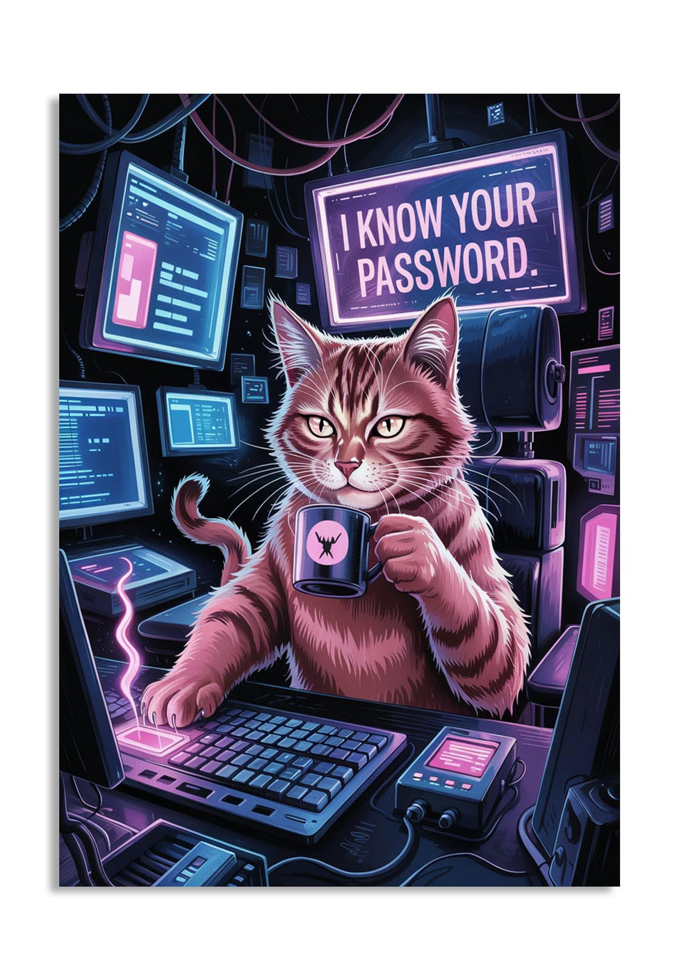 Cat in a sweater with a coffee mug, sitting at a computer with 'I know your password' sign in the background, as a premium aluminum metal print from GoMetalPrint.
