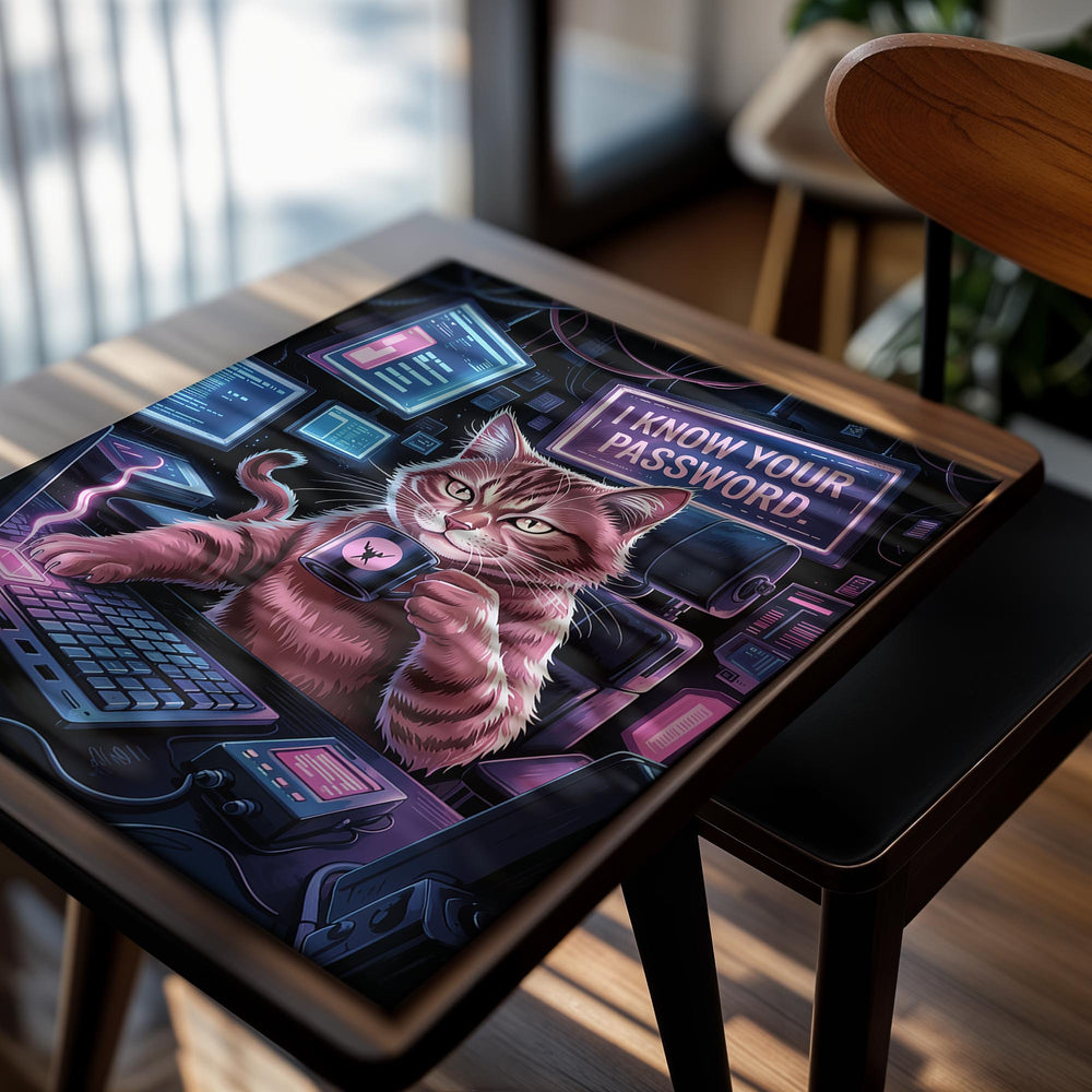 Cat in a sweater with a coffee mug, sitting at a computer with 'I know your password' sign in the background, as a premium aluminum metal print from GoMetalPrint.
