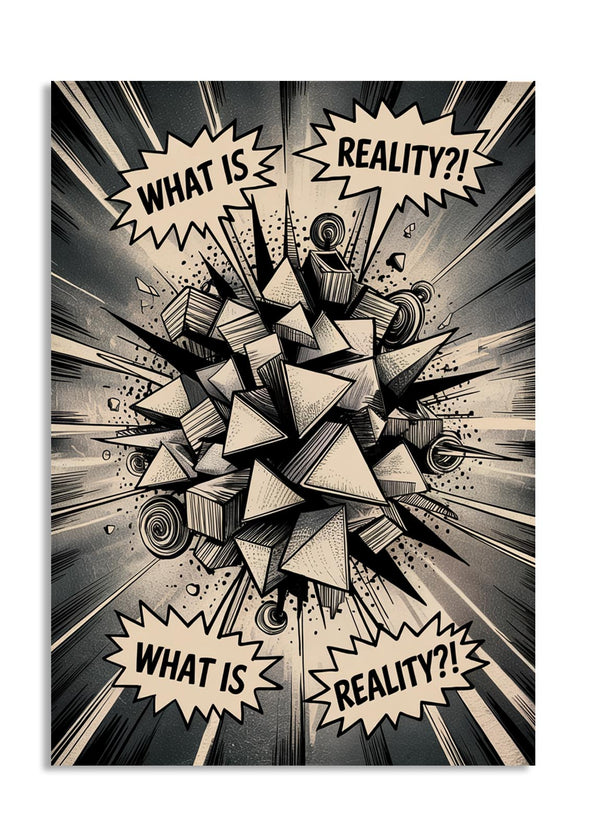 Abstract design with geometric shapes and text bubbles questioning 'reality' in a comic book style, as a premium aluminum metal print from GoMetalPrint.
