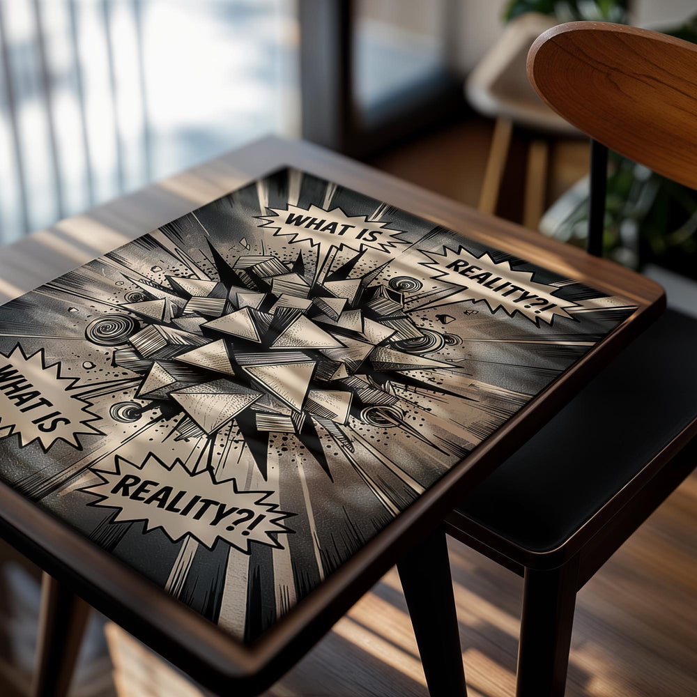 Abstract design with geometric shapes and text bubbles questioning 'reality' in a comic book style, as a premium aluminum metal print from GoMetalPrint.
