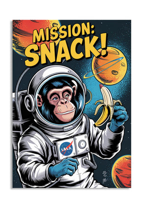 Illustration of a monkey in an astronaut suit holding a banana with 'Mission: Snack!' text and NASA logo, as a premium aluminum metal print from GoMetalPrint.
