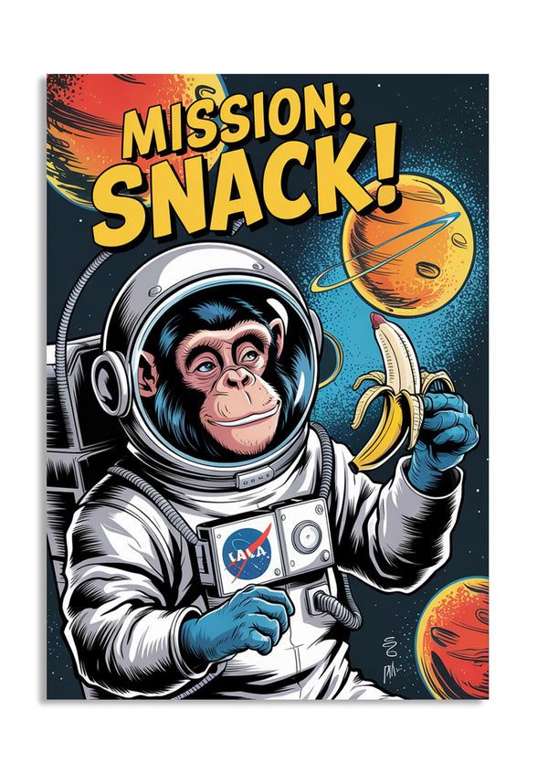 Illustration of a monkey in an astronaut suit holding a banana with 'Mission: Snack!' text and NASA logo, as a premium aluminum metal print from GoMetalPrint.
