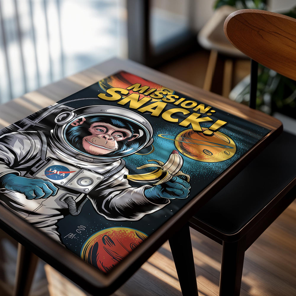 Illustration of a monkey in an astronaut suit holding a banana with 'Mission: Snack!' text and NASA logo, as a premium aluminum metal print from GoMetalPrint.
