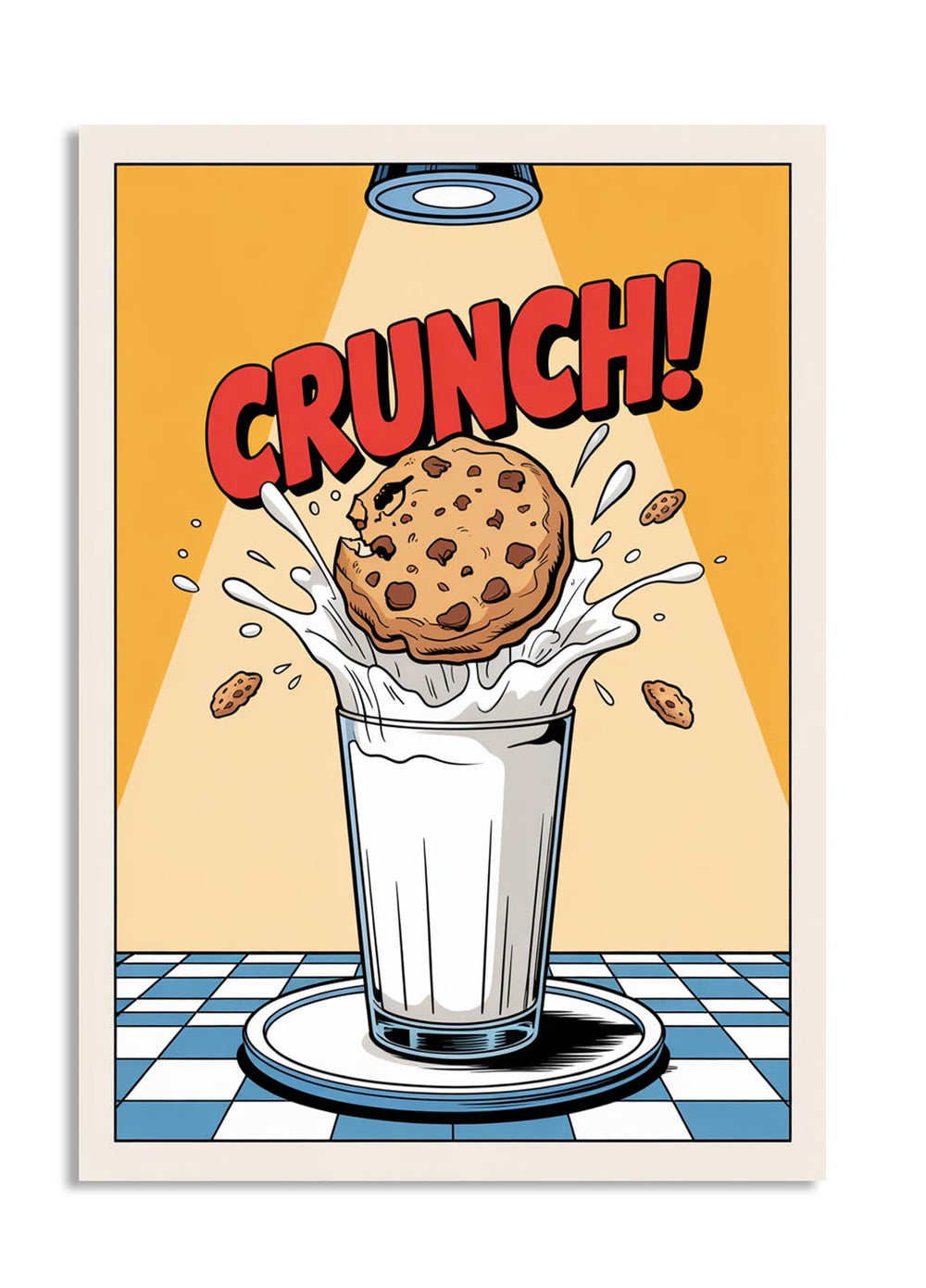 Cartoon-style illustration of a cookie falling into a glass of milk with 'CRUNCH!' text, as a premium aluminum metal print from GoMetalPrint.
