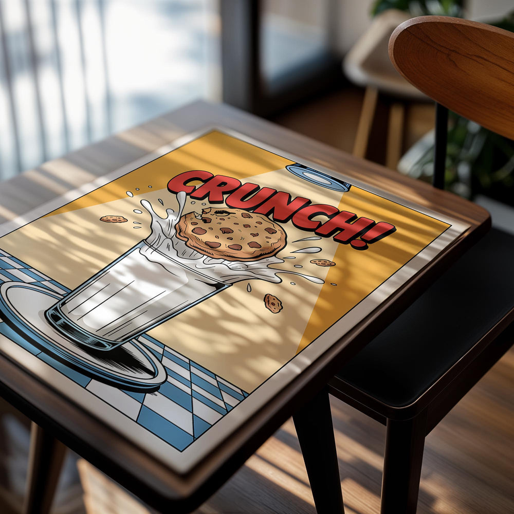 Cartoon-style illustration of a cookie falling into a glass of milk with 'CRUNCH!' text, as a premium aluminum metal print from GoMetalPrint.
