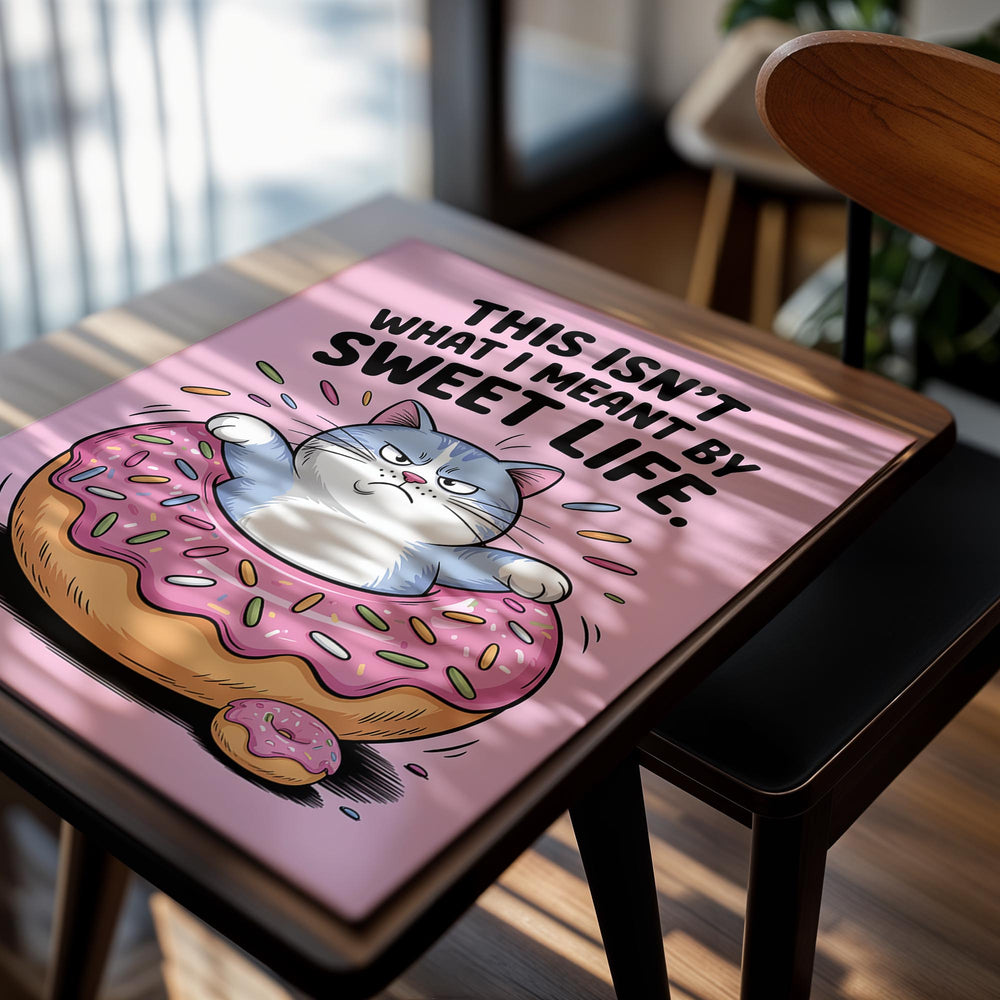 Cartoon cat on a donut with text 'This isn't what I meant by sweet life' on a pink background, as a premium aluminum metal print from GoMetalPrint.
