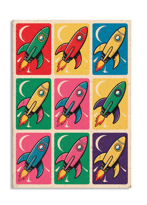 Colorful rocket-shaped wooden puzzle on a white background, as a premium aluminum metal print from GoMetalPrint.

