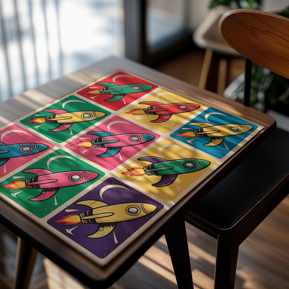 Colorful rocket-shaped wooden puzzle on a white background, as a premium aluminum metal print from GoMetalPrint.
