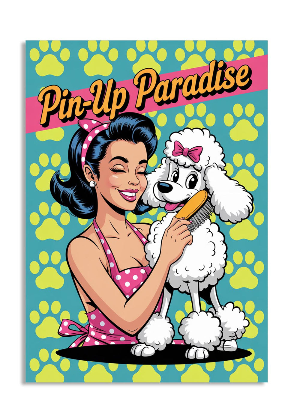Vintage-style illustration of a woman with a poodle on a colorful background with 'Pin-Up Paradise' text, as a premium aluminum metal print from GoMetalPrint.
