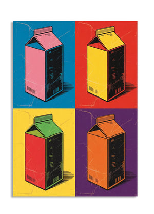 Four colorful milk cartons on a multicolored background, as a premium aluminum metal print from GoMetalPrint.
