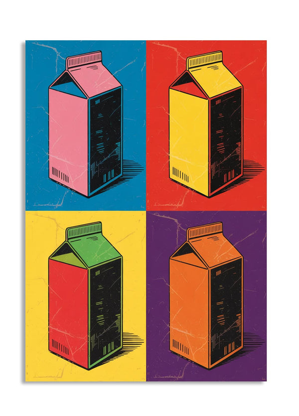 Four colorful milk cartons on a multicolored background, as a premium aluminum metal print from GoMetalPrint.
