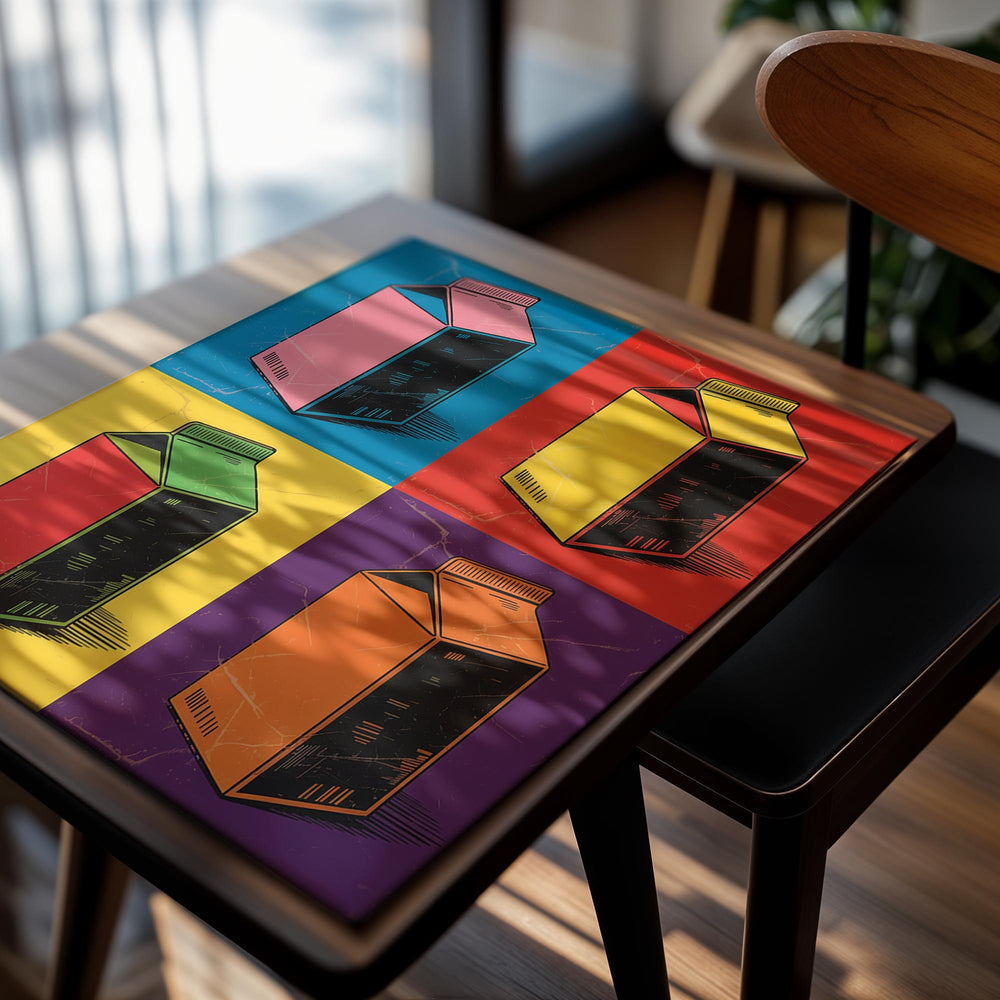 Four colorful milk cartons on a multicolored background, as a premium aluminum metal print from GoMetalPrint.
