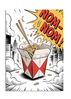 Cartoon-style illustration of a takeout box with noodles and chopsticks, set against a cityscape background with 'NOM NOM!' text, as a premium aluminum metal print from GoMetalPrint.
