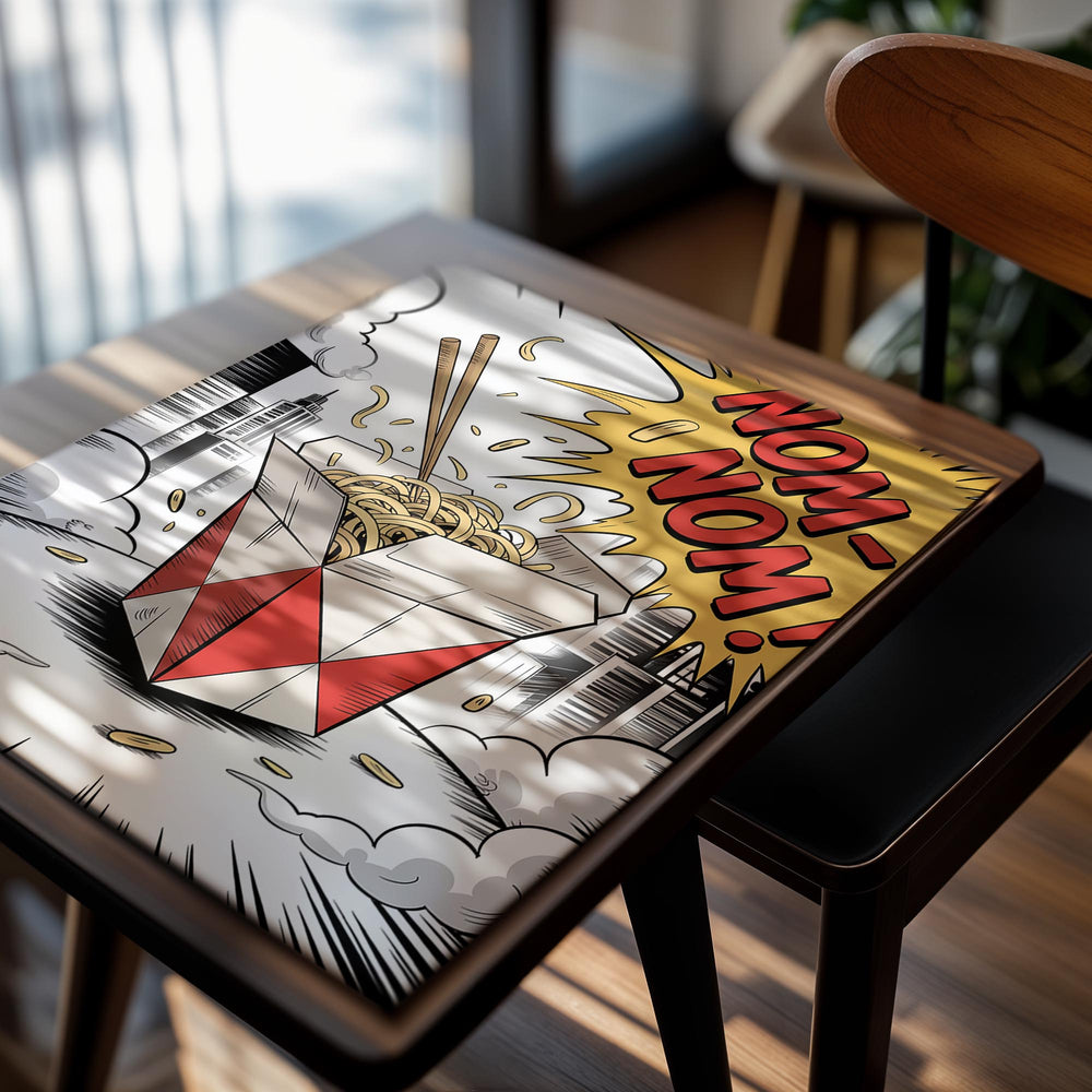 Cartoon-style illustration of a takeout box with noodles and chopsticks, set against a cityscape background with 'NOM NOM!' text, as a premium aluminum metal print from GoMetalPrint.
