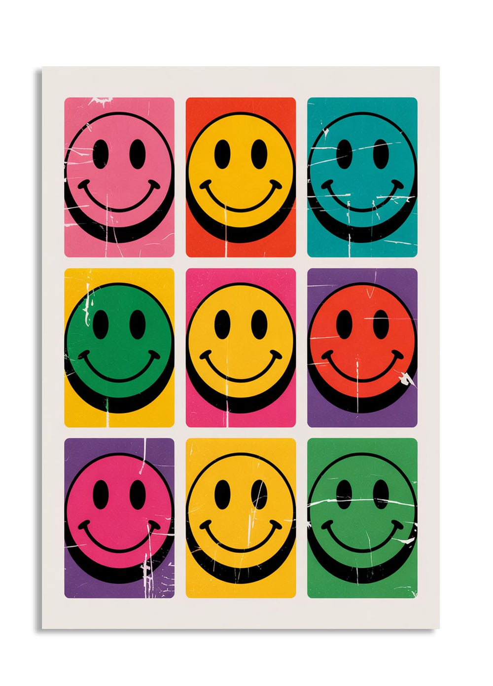 Grid of colorful smiley face stickers on a white background, as a premium aluminum metal print from GoMetalPrint.
