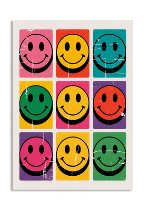 Grid of colorful smiley face stickers on a white background, as a premium aluminum metal print from GoMetalPrint.
