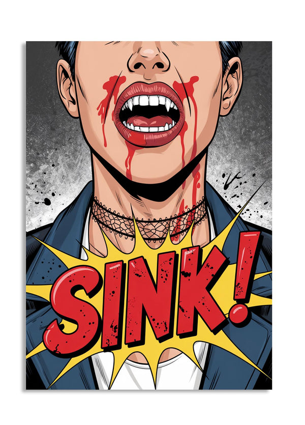 Comic-style illustration with a person's neck being strangled, blood, and the word 'SINK!' in bold letters, as a premium aluminum metal print from GoMetalPrint.
