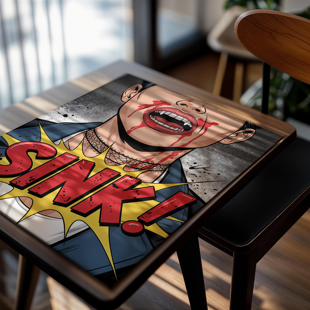 Comic-style illustration with a person's neck being strangled, blood, and the word 'SINK!' in bold letters, as a premium aluminum metal print from GoMetalPrint.
