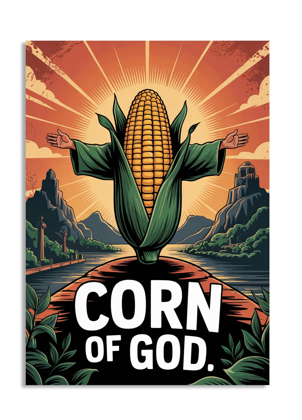 Illustration of a corn with arms and legs against a mountainous landscape with 'Corn of God' text, as a premium aluminum metal print from GoMetalPrint.
