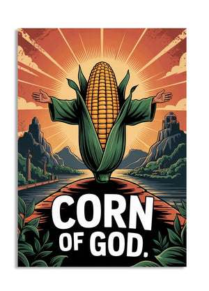 Illustration of a corn with arms and legs against a mountainous landscape with 'Corn of God' text, as a premium aluminum metal print from GoMetalPrint.
