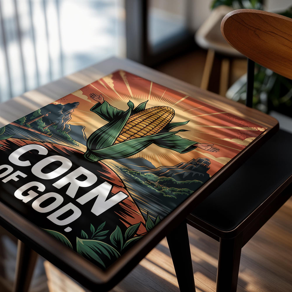 Illustration of a corn with arms and legs against a mountainous landscape with 'Corn of God' text, as a premium aluminum metal print from GoMetalPrint.
