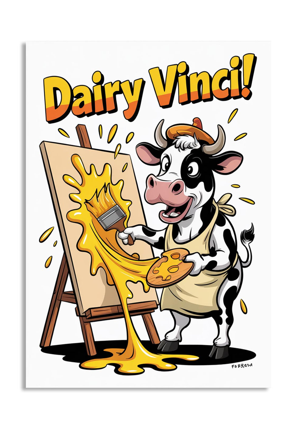 Cartoon cow painting with the text 'Dairy Vinci!' on a white background, as a premium aluminum metal print from GoMetalPrint.
