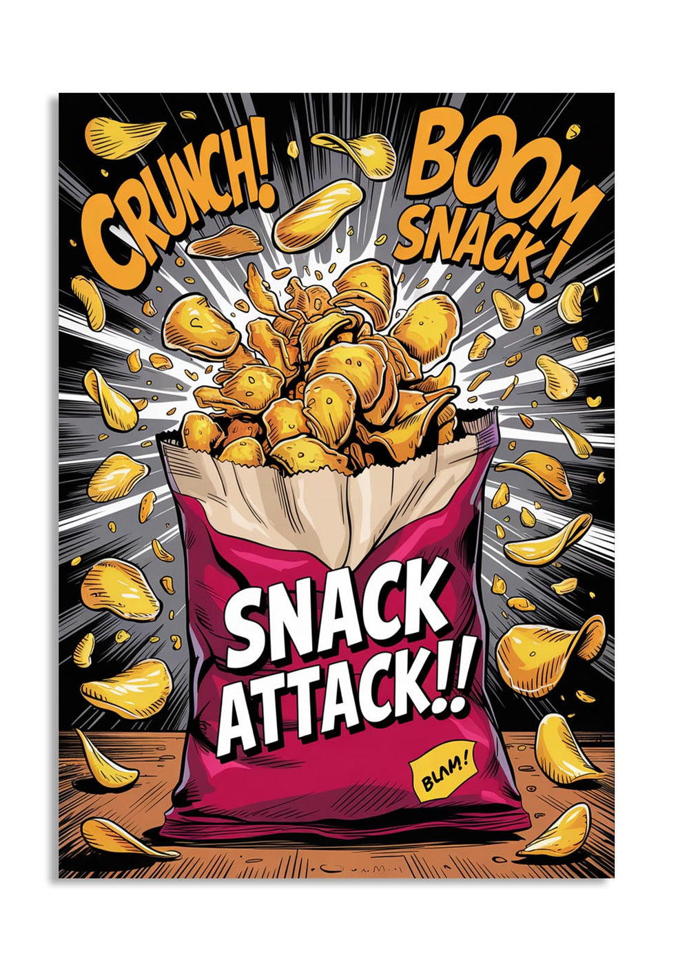 Illustration of a bag of chips with 'Snack Attack!' text and dynamic elements, as a premium aluminum metal print from GoMetalPrint.
