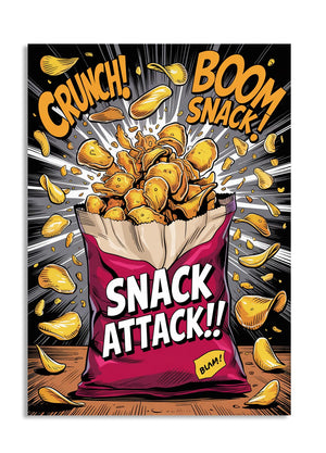 Illustration of a bag of chips with 'Snack Attack!' text and dynamic elements, as a premium aluminum metal print from GoMetalPrint.

