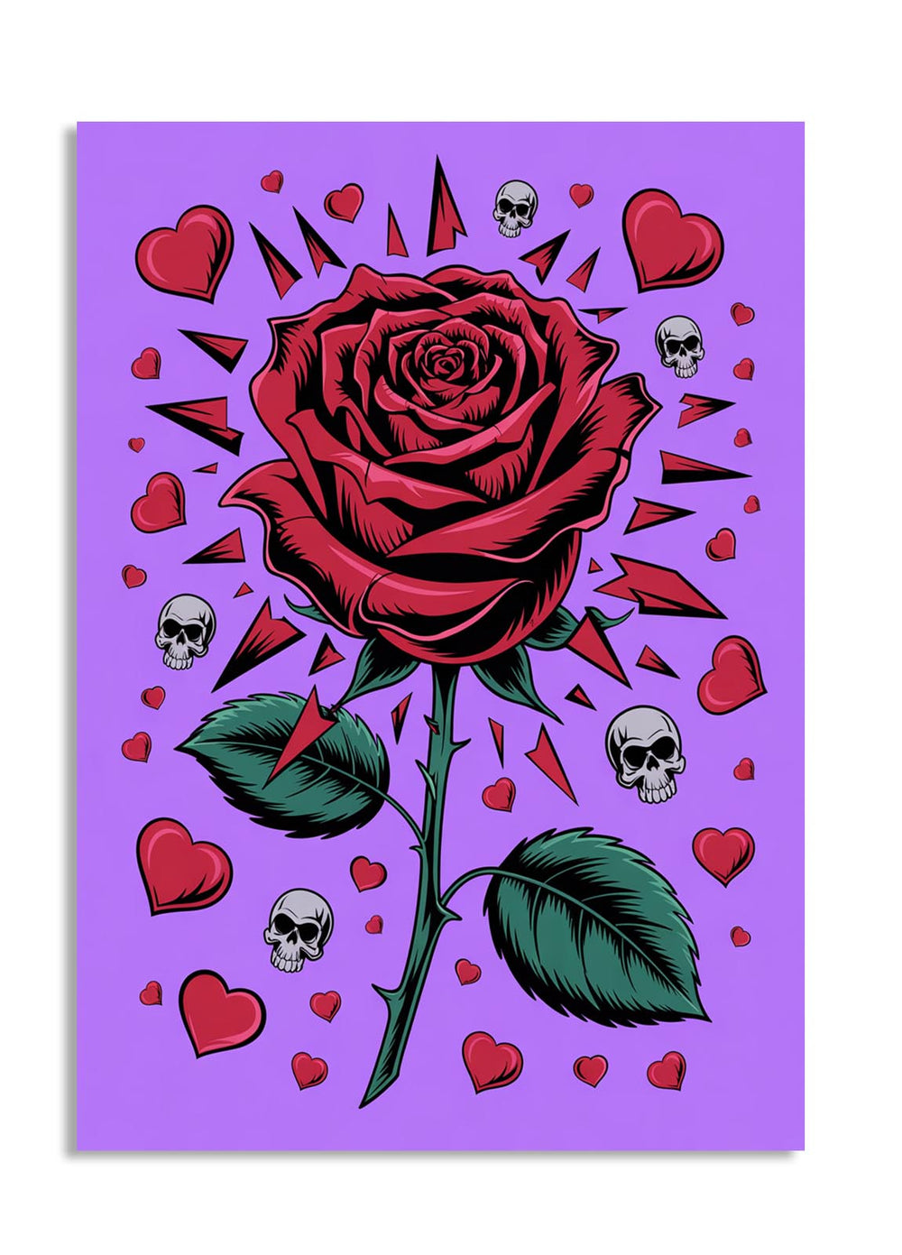 Red rose with green leaves on a purple background with red hearts and skulls, as a premium aluminum metal print from GoMetalPrint.
