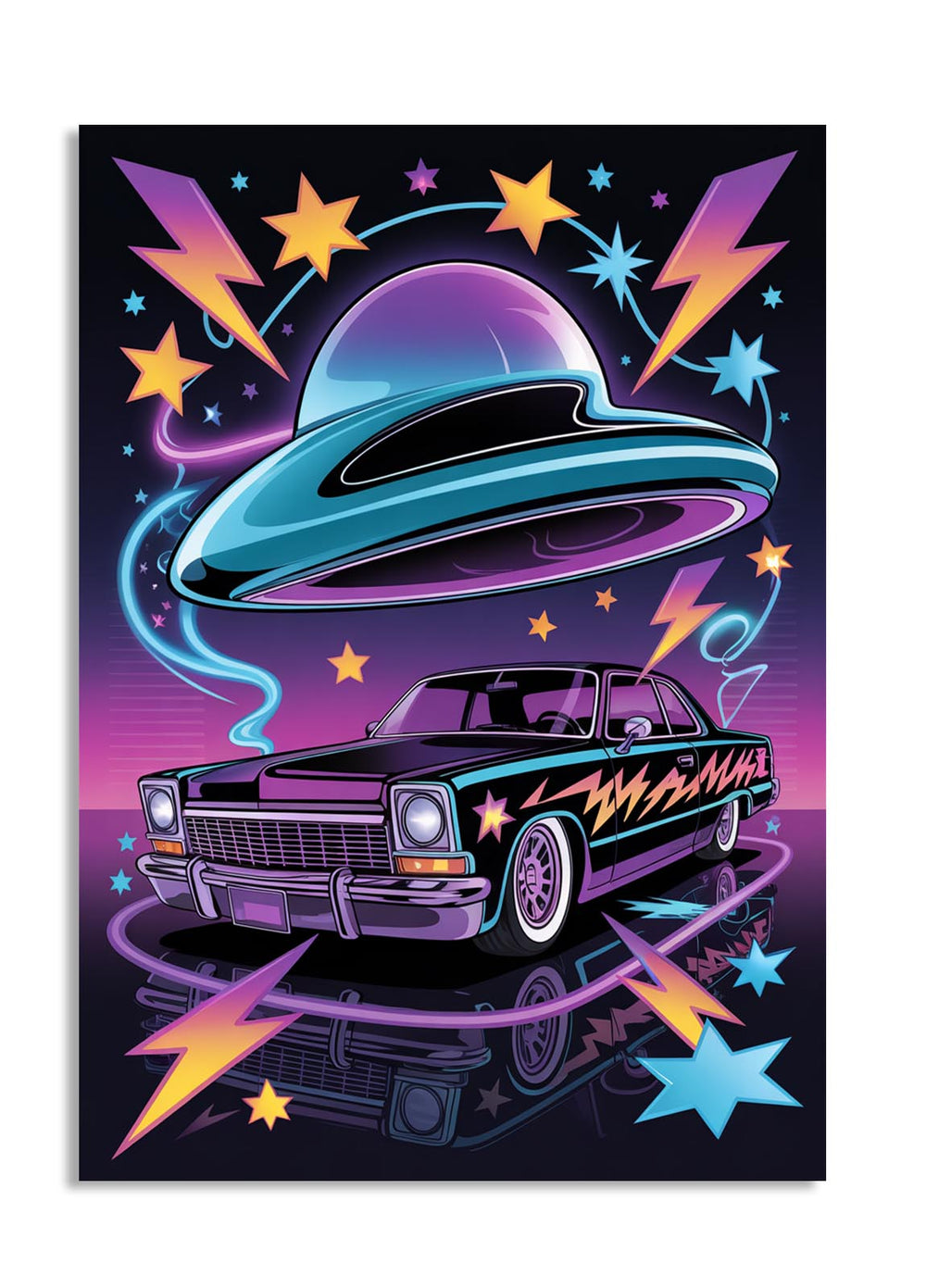 Vintage car with a UFO and colorful stars on a black background, as a premium aluminum metal print from GoMetalPrint.
