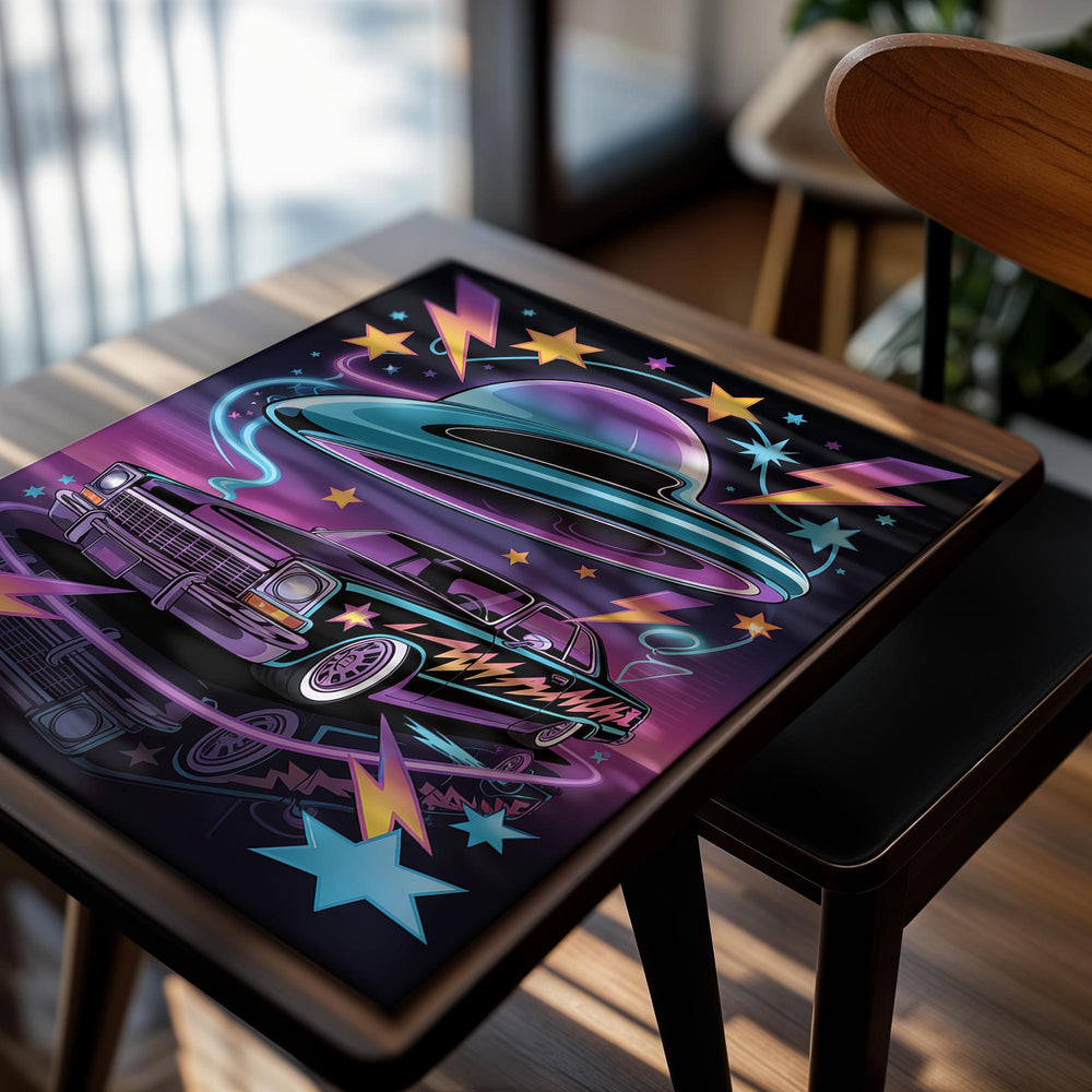 Vintage car with a UFO and colorful stars on a black background, as a premium aluminum metal print from GoMetalPrint.
